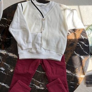 White Cardigan and Red Pants Set